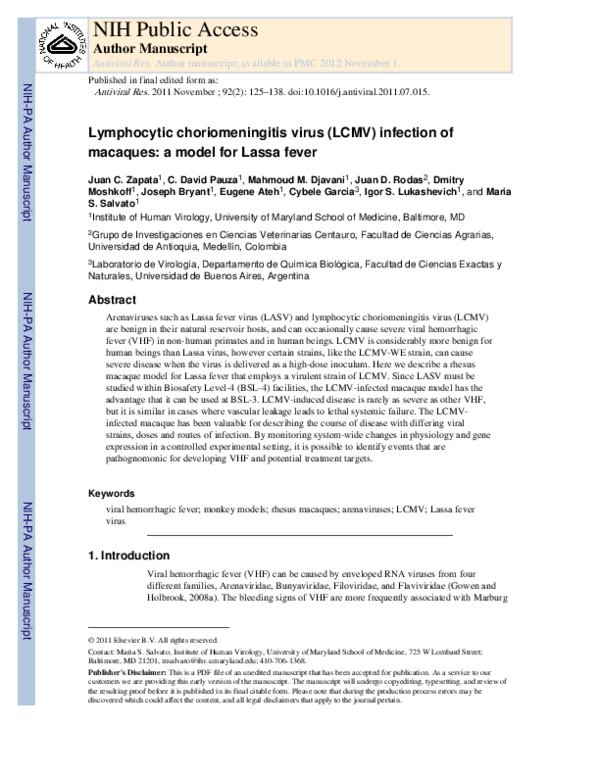 Lymphocytic choriomeningitis virus (LCMV) infection of macaques: A ...