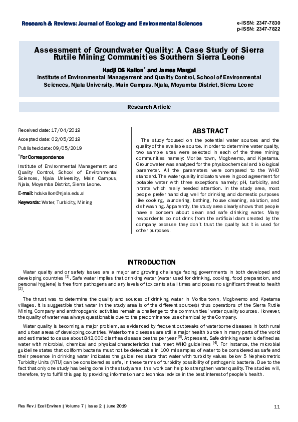 (PDF) Assessment of Groundwater Quality: A Case Study of Sierra Rutile ...