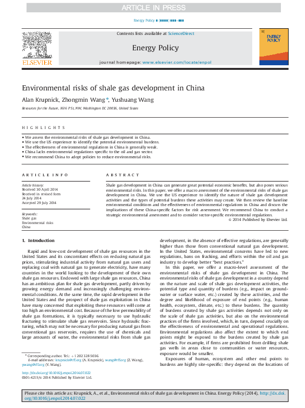 (PDF) Environmental risks of shale gas development in China