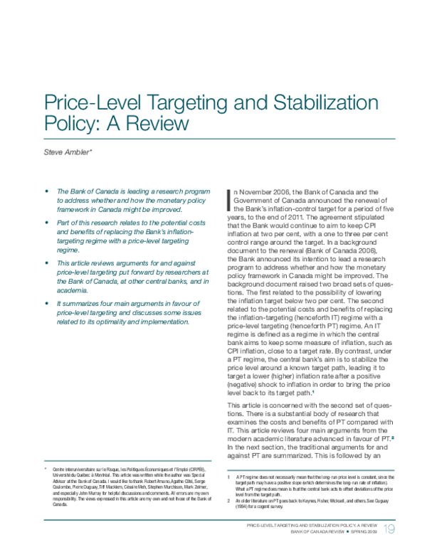 (PDF) Price-Level Targeting and Stabilization Policy: A Review