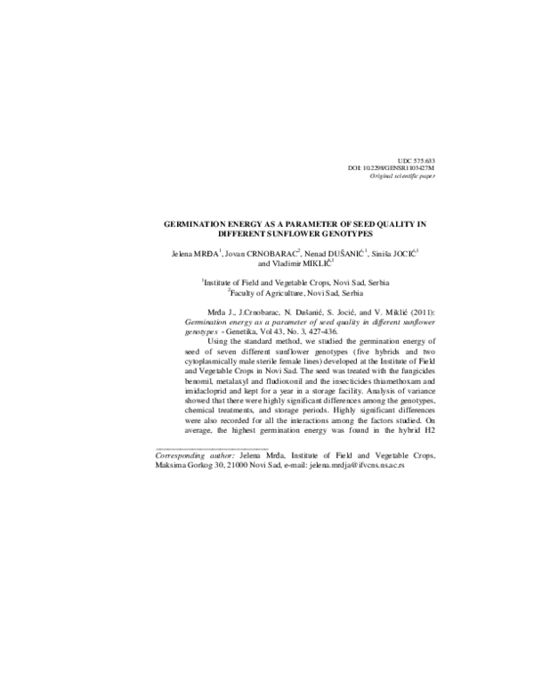 (PDF) Germination energy as a parameter of seed quality in different