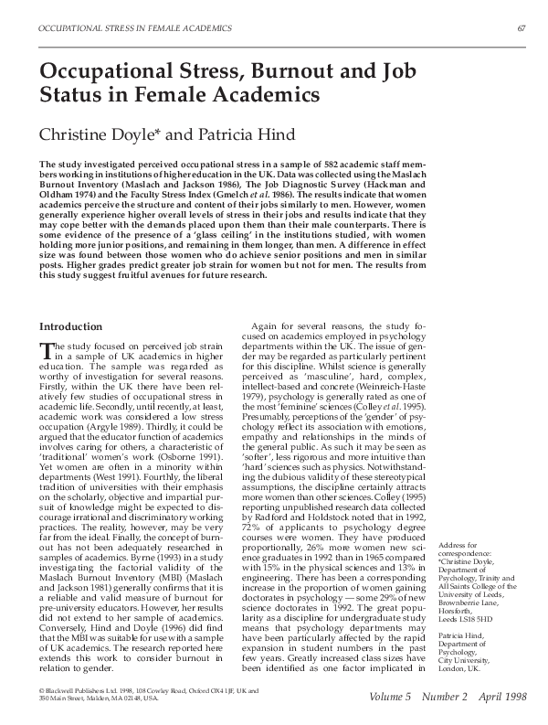 (PDF) Occupational Stress, Burnout and Job Status in Female Academics