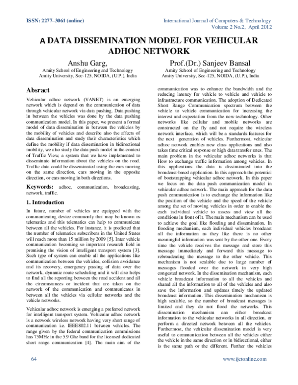 (PDF) A Data Dissemination Model for Vehicular Adhoc Network