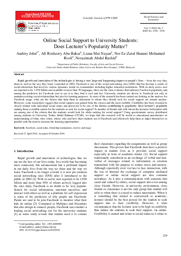  PDF Online Social Support To University Students Does Lecturer s Popularity Matter Audrey 