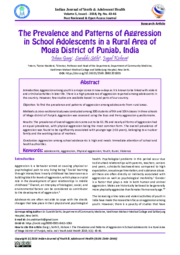(PDF) The Prevalence and Patterns of Aggression in School Adolescents ...
