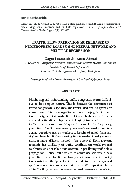 (PDF) Traffic Flow Prediction Model Based on Neighbouring Roads Using ...