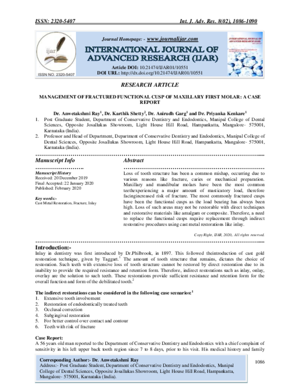 (PDF) Management of Fractured Functional Cusp of Maxillary First Molar