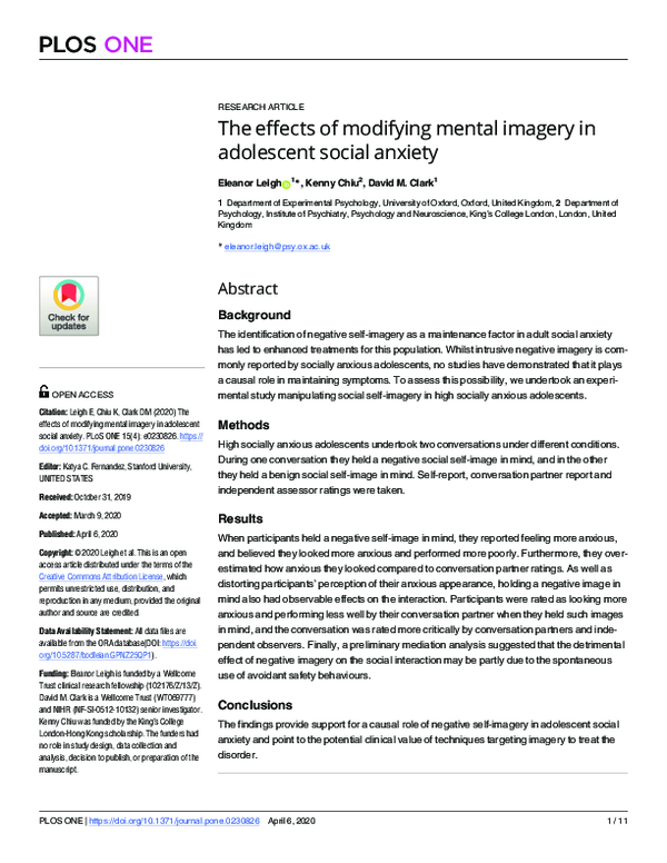 (PDF) The effects of modifying mental imagery in adolescent social anxiety