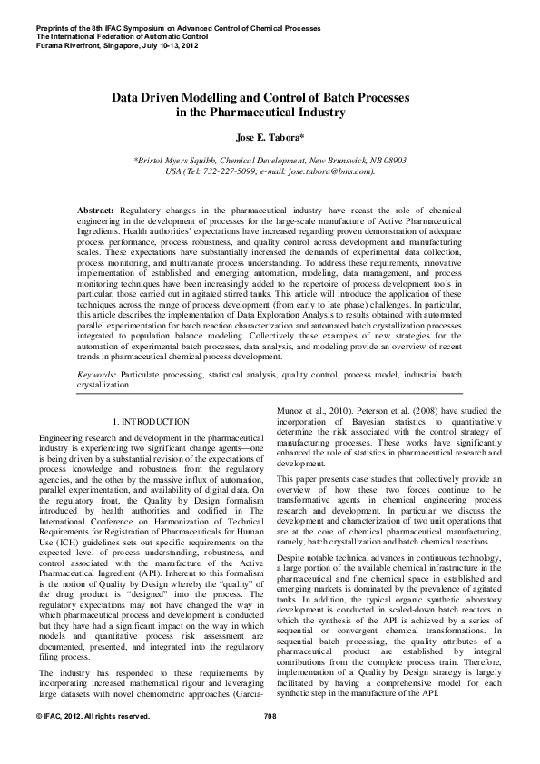 (PDF) Data Driven Modelling and Control of Batch Processes in the ...