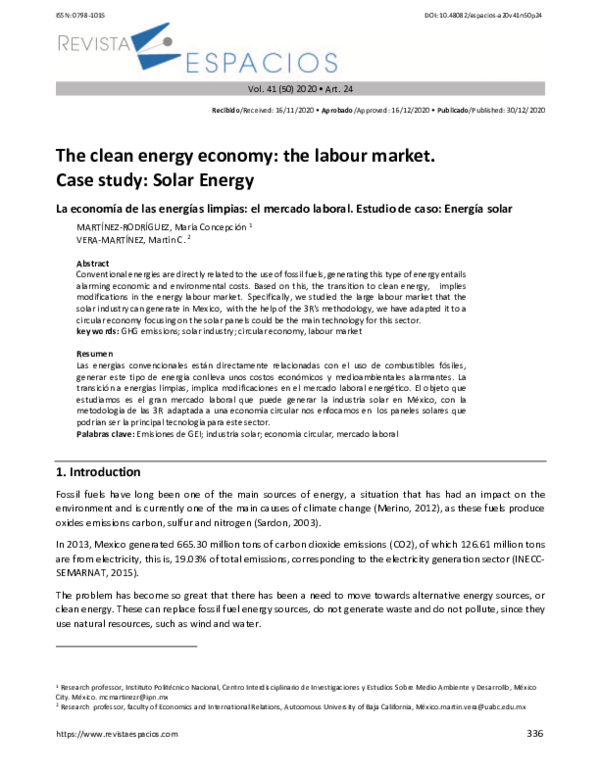 The clean energy economy: the labour market. Case study: Solar Energy