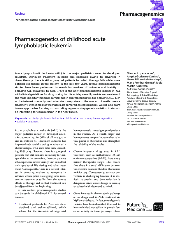 (PDF) Pharmacogenetics of Childhood Acute Lymphoblastic Leukemia