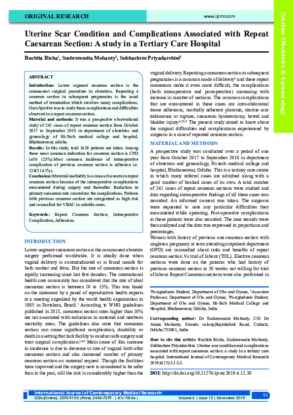 (PDF) Uterine Scar Condition and Complications Associated with Repeat ...