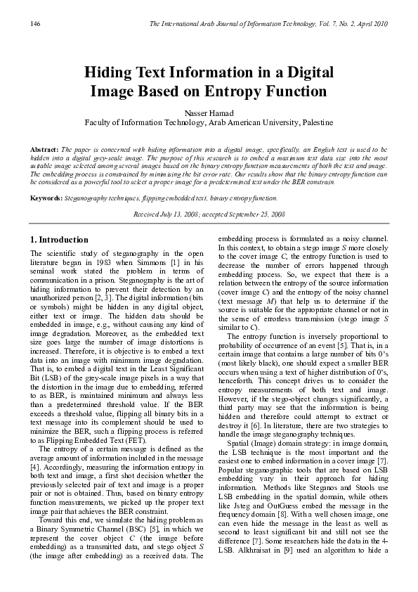 (PDF) Hiding Text Information in a Digital Image Based on Entropy Function
