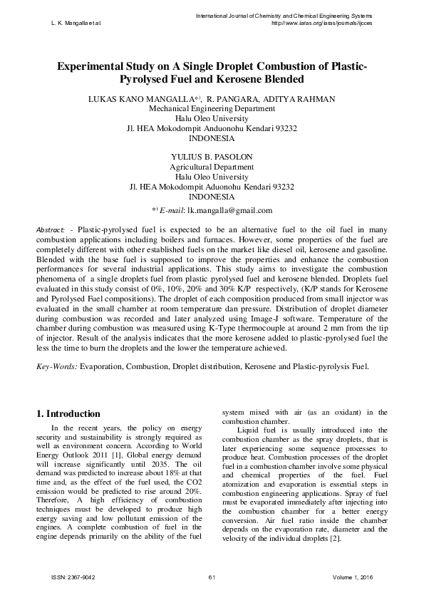(PDF) Experimental Study on A Single Droplet Combustion of Plastic ...