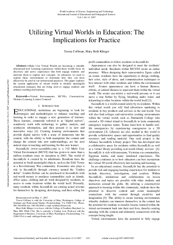 (PDF) Utilizing Virtual Worlds In Education: The Implications For Practice
