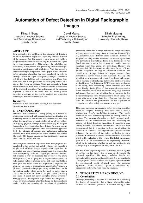 (PDF) Automation of Defect Detection in Digital Radiographic Images