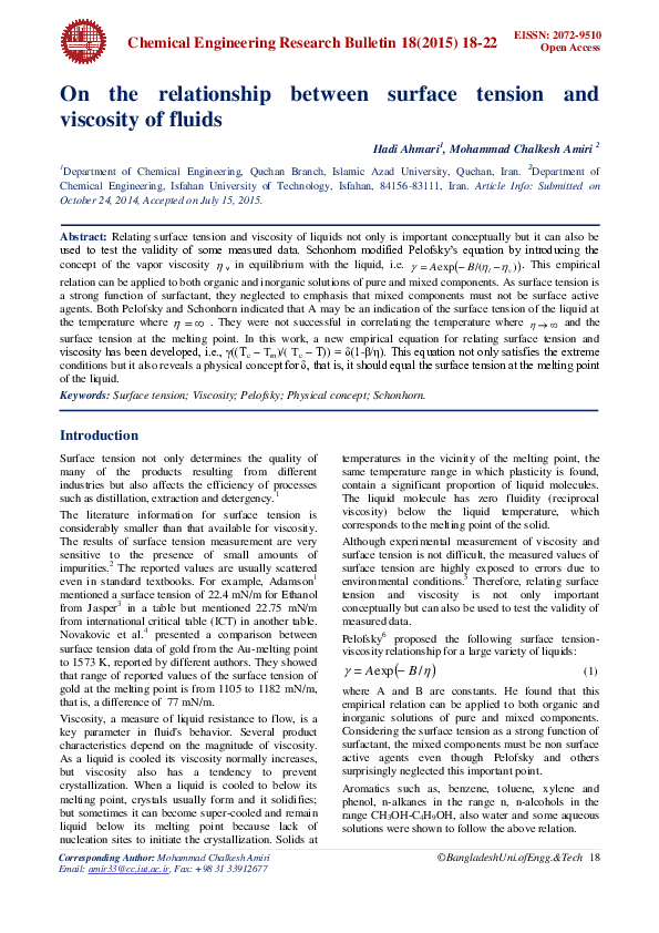(PDF) On the relationship between surface tension and viscosity of fluids