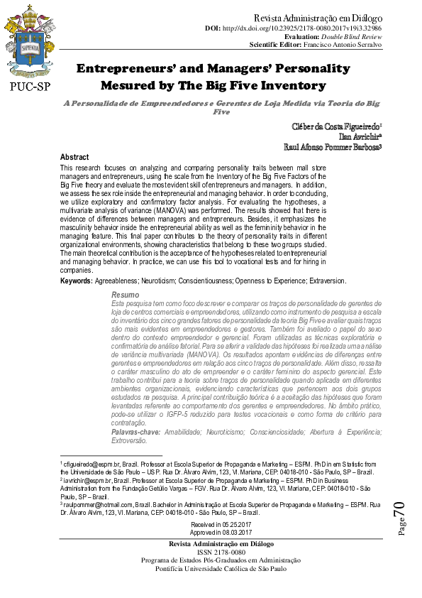 (PDF) Entrepreneurs ’ and Managers ’ Personality Mesured by The Big ...