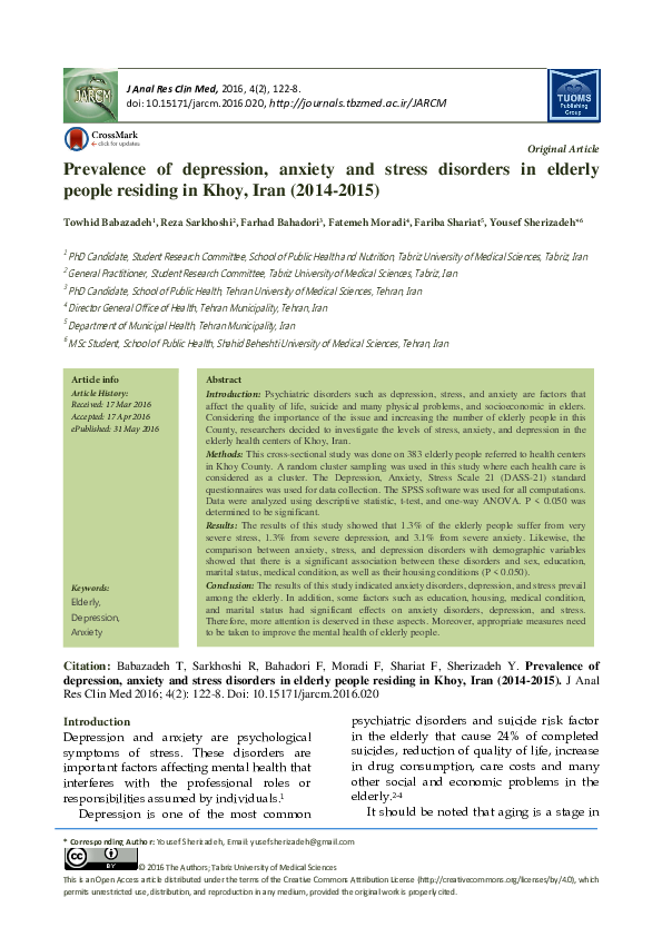 (PDF) Prevalence of depression, anxiety and stress disorders in elderly ...