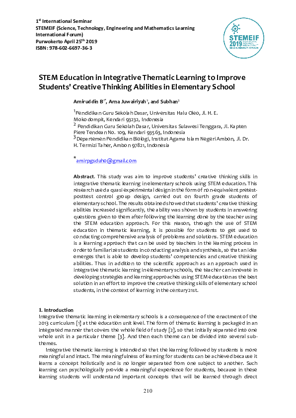 (PDF) STEM Education in Integrative Thematic Learning to ...