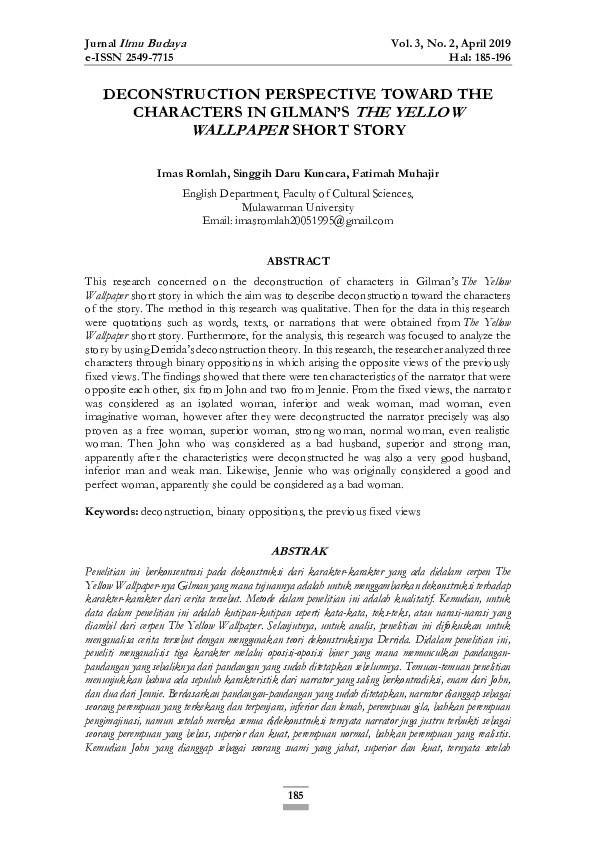 (PDF) Deconstruction Perspective Toward the Characters in Gilman’s the Yellow Wallpaper Short