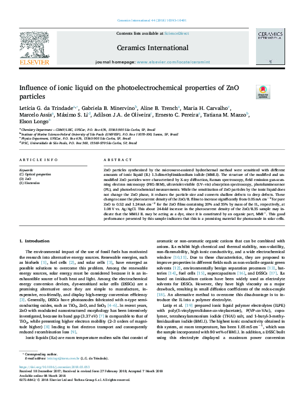 (PDF) Influence of ionic liquid on the photoelectrochemical properties ...