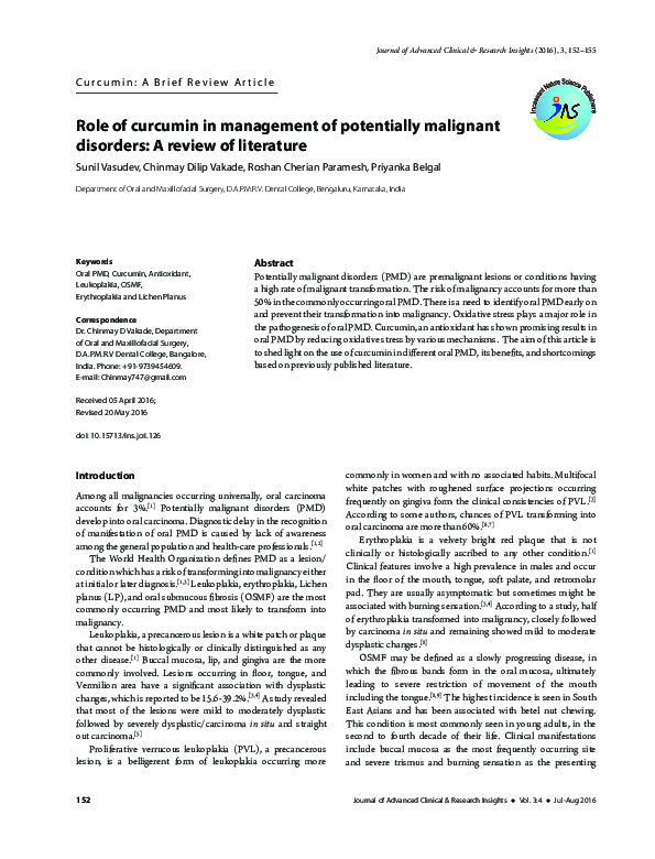 (PDF) Role of curcumin in management of potentially malignant disorders ...