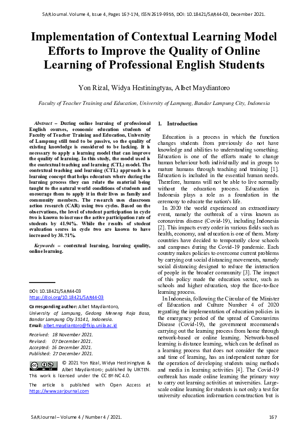 (PDF) Implementation of Contextual Learning Model Efforts to Improve ...