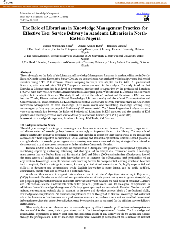 (PDF) The Role of Librarians in Knowledge Management Practices for ...