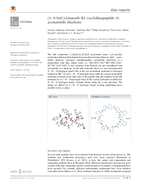 (PDF) [1–9-NαC]-Linusorb B3 (cyclolinopeptide A) acetonitrile disolvate