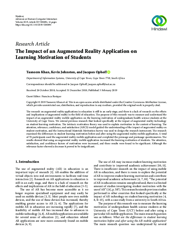 (PDF) The Impact of an Augmented Reality Application on Learning ...