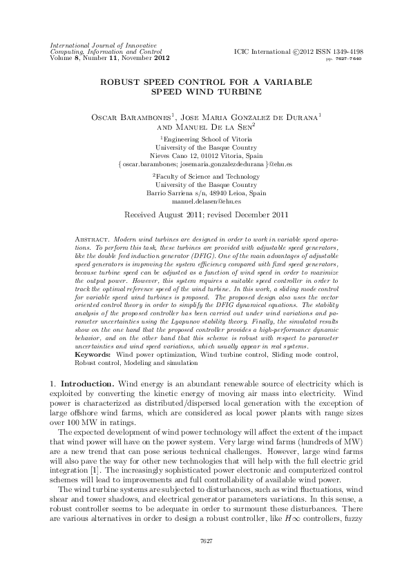 (PDF) Robust speed control for a variable speed wind turbine