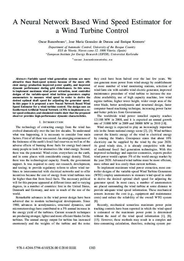 (PDF) A Neural Network Based Wind Speed Estimator for a Wind Turbine ...