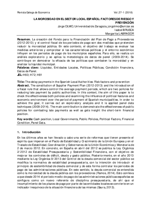 (PDF) La morosidad en el sector local español: factores de riesgo y ...