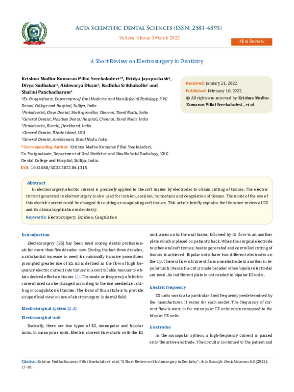 (PDF) A Short Review on Electrosurgery in Dentistry Aishwarya Dham