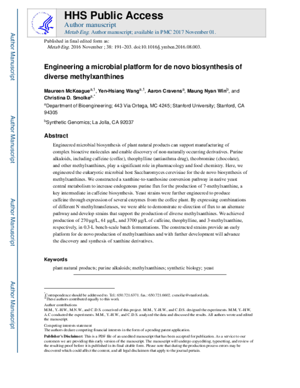 (PDF) Engineering a microbial platform for de novo biosynthesis of ...