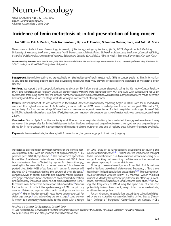 (PDF) Incidence of brain metastasis at initial presentation of lung cancer