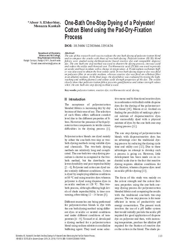 (PDF) One-Bath One-Step Dyeing of a Polyester/ Cotton Blend using the ...