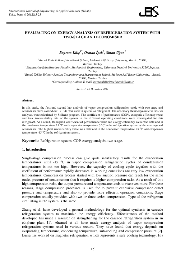 (PDF) Evaluating on Exergy Analysis of Refrigeration System with Two ...