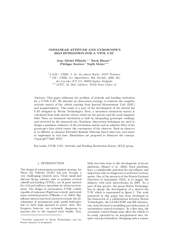 (PDF) Nonlinear attitude and gyroscope's bias estimation for a VTOL UAV
