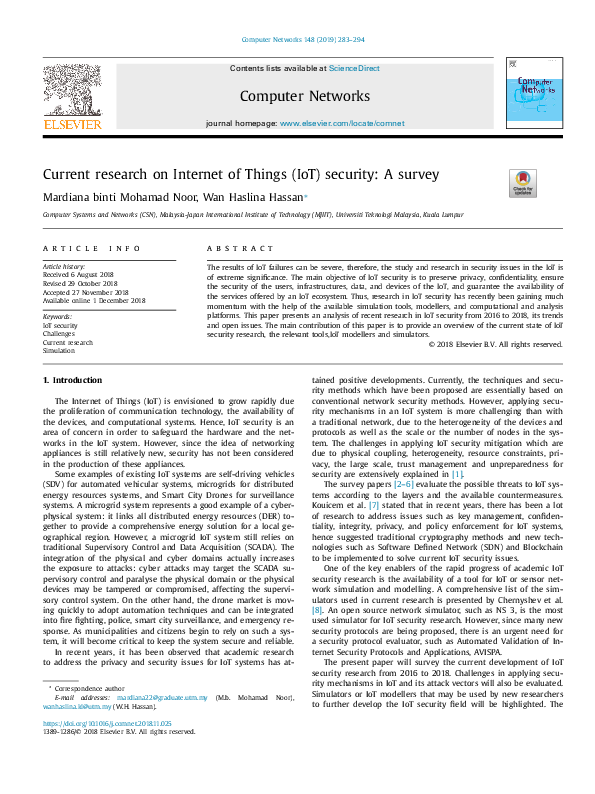 (PDF) Current research on Internet of Things (IoT) security: A survey