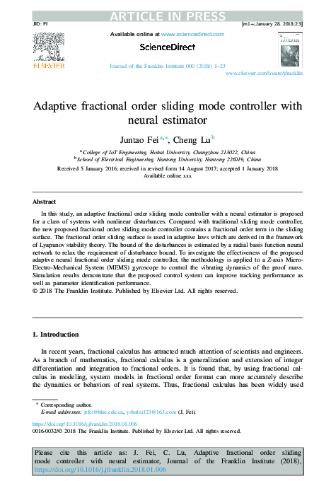 (PDF) Adaptive Fractional Order Sliding Mode Control for a Nonlinear System