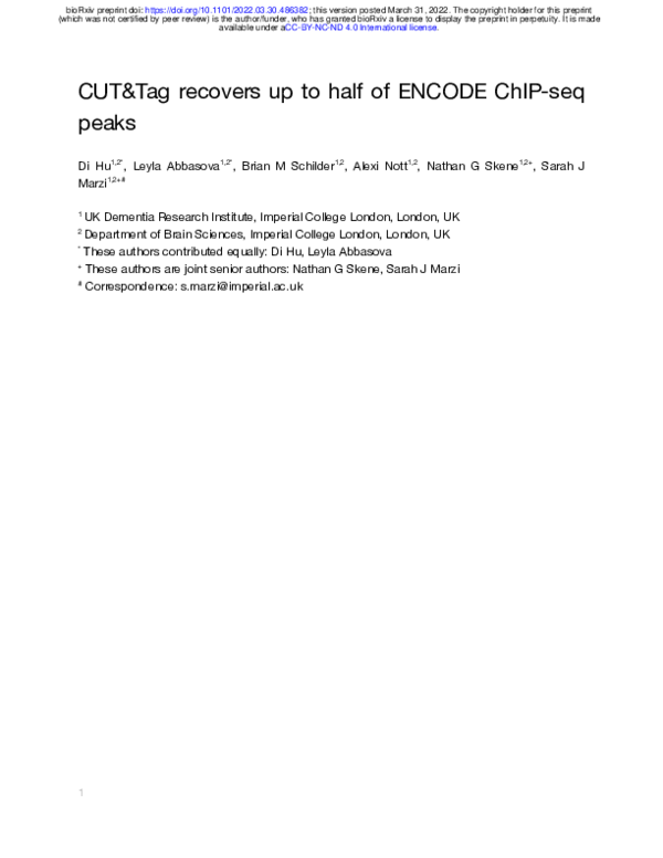 (PDF) CUT&Tag recovers up to half of ENCODE ChIPseq peaks Leyla
