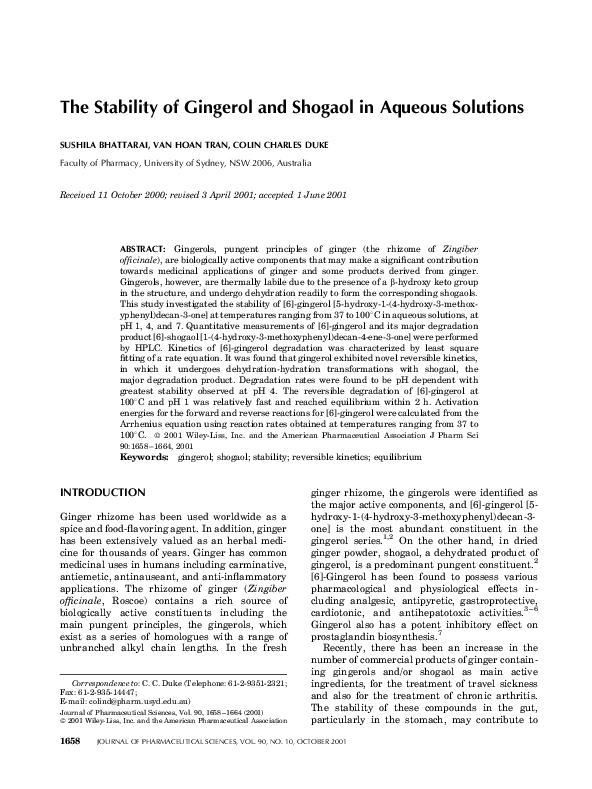 (PDF) The Stability of Gingerol and Shogaol in Aqueous Solutions