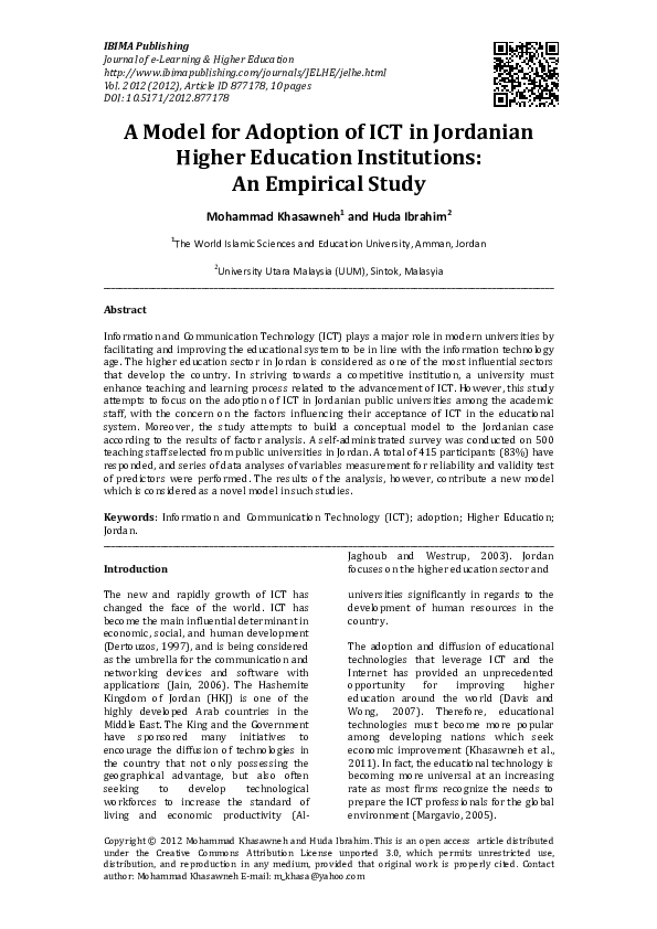 (PDF) A Model for Adoption of ICT in Jordanian Higher Education ...