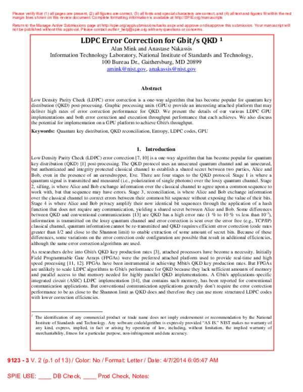 (PDF) LDPC Error Correction for Gbit / s QKD 1