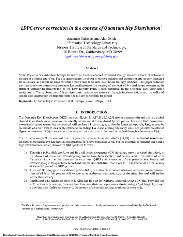 (PDF) LDPC error correction in the context of quantum key distribution