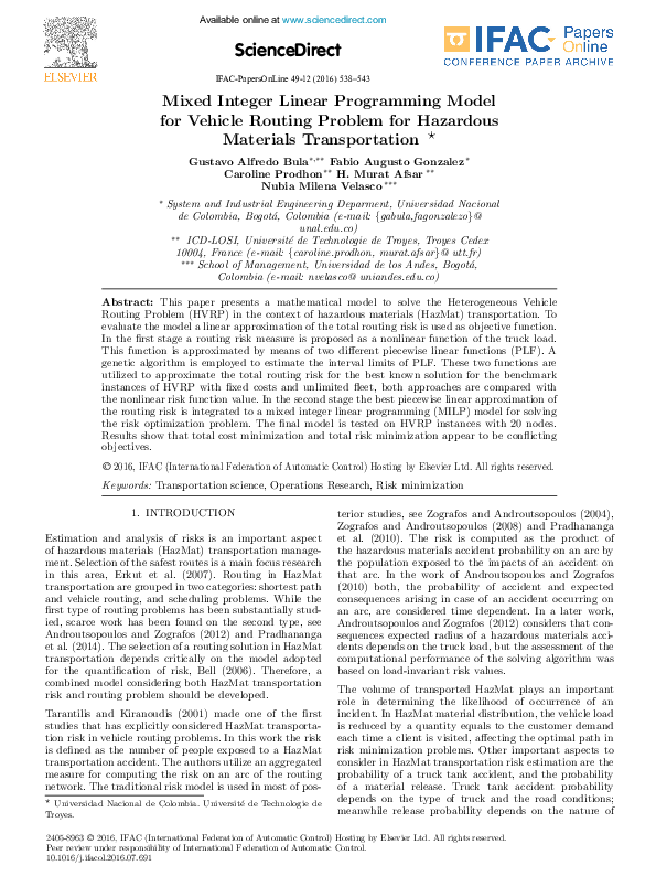 (PDF) Mixed Integer Linear Programming Model for Vehicle Routing ...