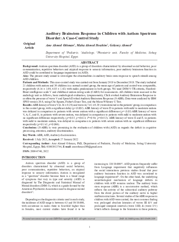 (PDF) Auditory Brainstem Response in Children with Autism Spectrum ...