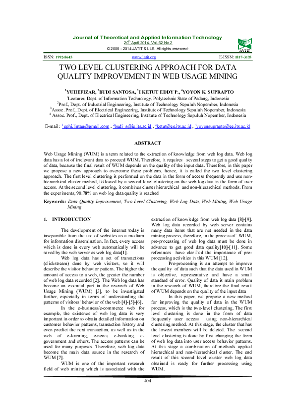 (PDF) Two Level Clustering Approach for Data Quality Improvement in Web ...